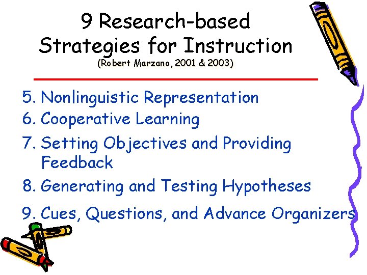 9 Research-based Strategies for Instruction (Robert Marzano, 2001 & 2003) 5. Nonlinguistic Representation 6.