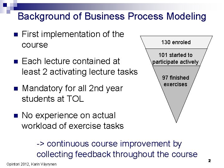 Background of Business Process Modeling n n First implementation of the course Each lecture