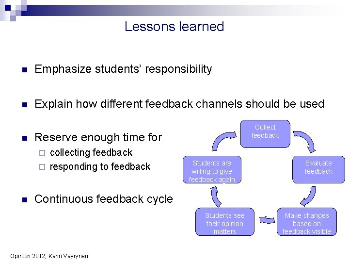 Lessons learned n Emphasize students’ responsibility n Explain how different feedback channels should be