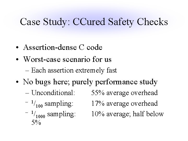 Case Study: CCured Safety Checks • Assertion-dense C code • Worst-case scenario for us