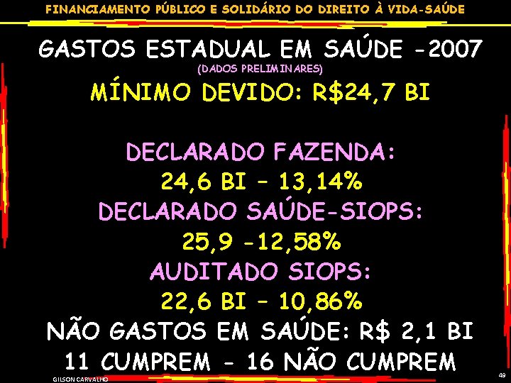 FINANCIAMENTO PÚBLICO E SOLIDÁRIO DO DIREITO À VIDA-SAÚDE GASTOS ESTADUAL EM SAÚDE -2007 (DADOS