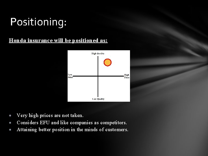 Positioning: Honda insurance will be positioned as: Very high prices are not taken. Considers
