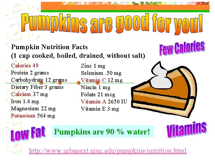 Pumpkin Nutrition Facts (1 cup cooked, boiled, drained, without salt) Calories 49 Protein 2