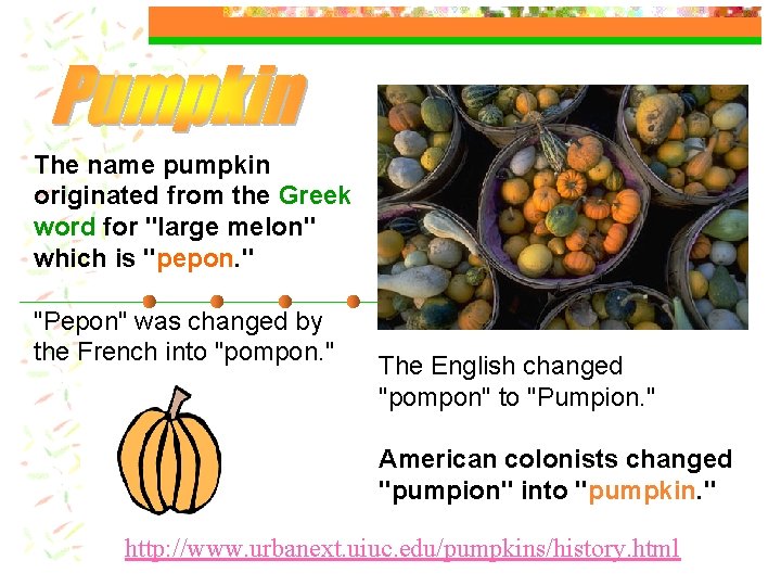 The name pumpkin originated from the Greek word for "large melon" which is "pepon.