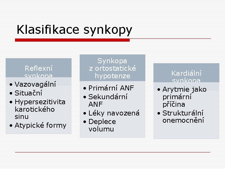 Klasifikace synkopy Reflexní synkopa • Vazovagální • Situační • Hypersezitivita karotického sinu • Atypické