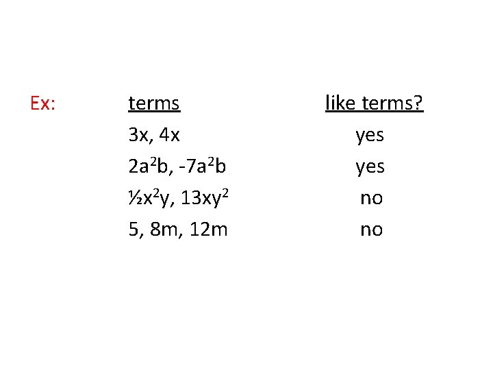 Ex: terms 3 x, 4 x 2 a 2 b, -7 a 2 b