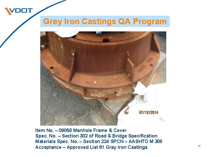 Grey Iron Castings QA Program Item No. – 09056 Manhole Frame & Cover Spec.