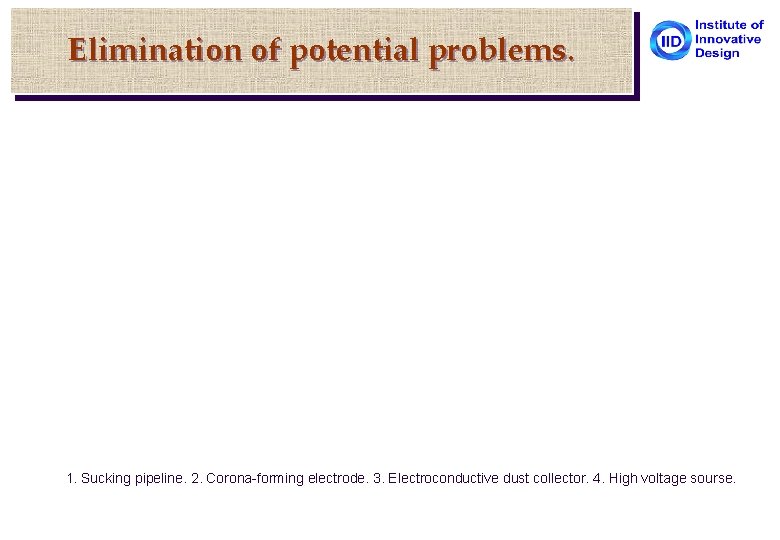Elimination of potential problems. 1. Sucking pipeline. 2. Corona-forming electrode. 3. Electroconductive dust collector.