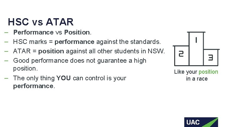 HSC vs ATAR ‒ ‒ Performance vs Position. HSC marks = performance against the HSC vs ATAR ‒ ‒ Performance vs Position. HSC marks = performance against the