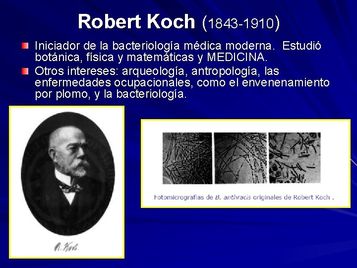 Robert Koch (1843 -1910) Iniciador de la bacteriología médica moderna. Estudió botánica, física y Robert Koch (1843 -1910) Iniciador de la bacteriología médica moderna. Estudió botánica, física y