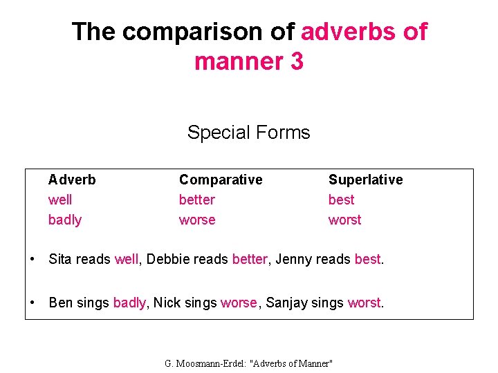 The comparison of adverbs of manner 3 Special Forms Adverb well badly Comparative better