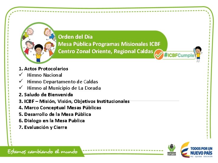 Orden del Día Mesa Pública Programas Misionales ICBF Centro Zonal Oriente, Regional Caldas 1.