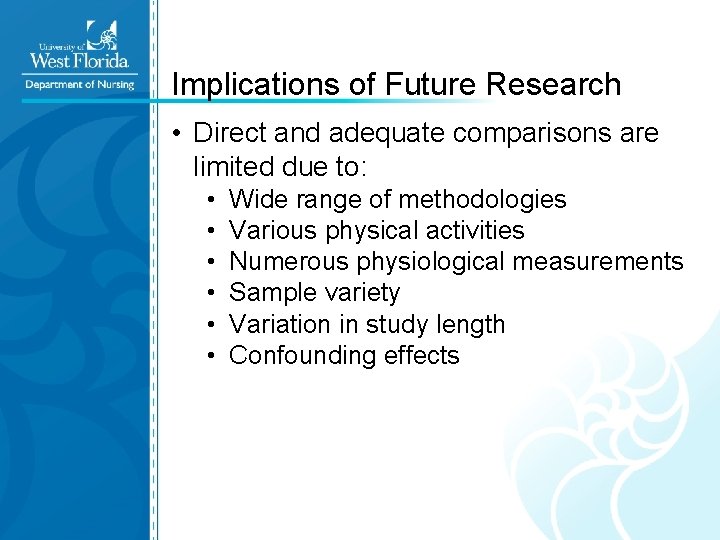 Implications of Future Research • Direct and adequate comparisons are limited due to: •