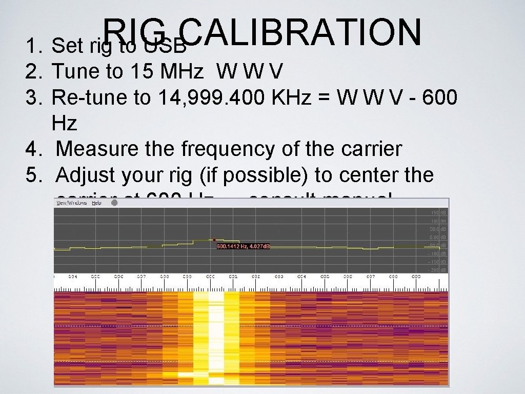 RIG CALIBRATION 1. Set rig to USB 2. Tune to 15 MHz W W