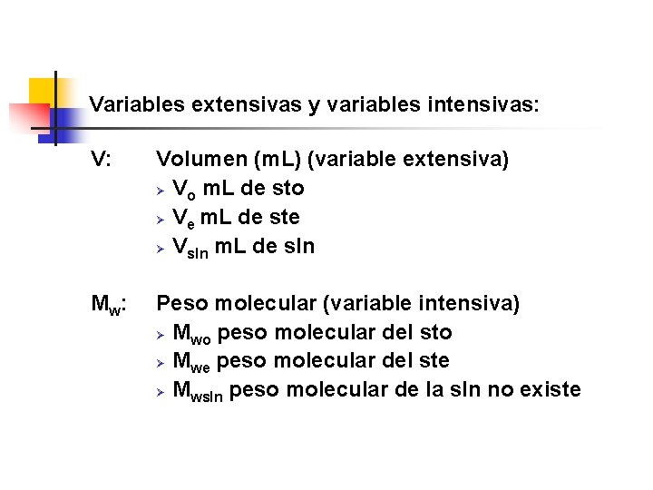 Variables extensivas y variables intensivas: V: Volumen (m. L) (variable extensiva) Ø Vo m.