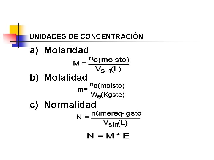 UNIDADES DE CONCENTRACIÓN a) Molaridad b) Molalidad c) Normalidad 