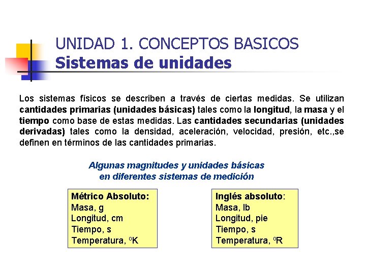 UNIDAD 1. CONCEPTOS BASICOS Sistemas de unidades Los sistemas físicos se describen a través