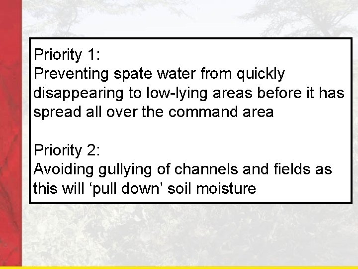 Priority 1: Preventing spate water from quickly disappearing to low-lying areas before it has