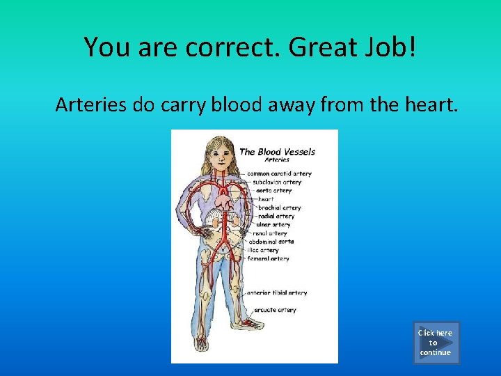 You are correct. Great Job! Arteries do carry blood away from the heart. Click