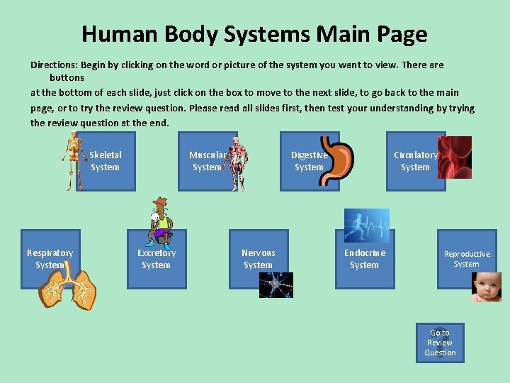 Human Body Systems Main Page Directions: Begin by clicking on the word or picture