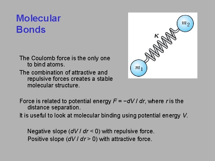 Molecular Bonds The Coulomb force is the only one to bind atoms. The combination