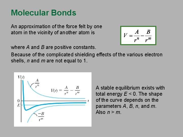 Molecular Bonds An approximation of the force felt by one atom in the vicinity