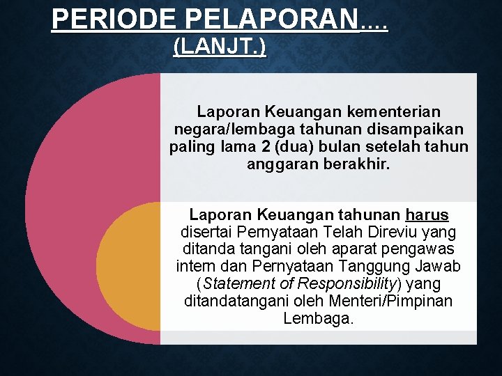 PERIODE PELAPORAN…. (LANJT. ) Laporan Keuangan kementerian negara/lembaga tahunan disampaikan paling lama 2 (dua)