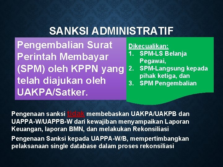 SANKSI ADMINISTRATIF Pengembalian Surat Perintah Membayar (SPM) oleh KPPN yang telah diajukan oleh UAKPA/Satker.