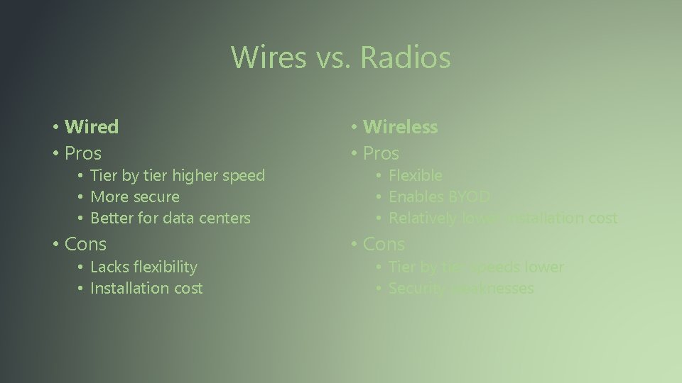 Wires vs. Radios • Wired • Pros • Wireless • Pros • Cons •