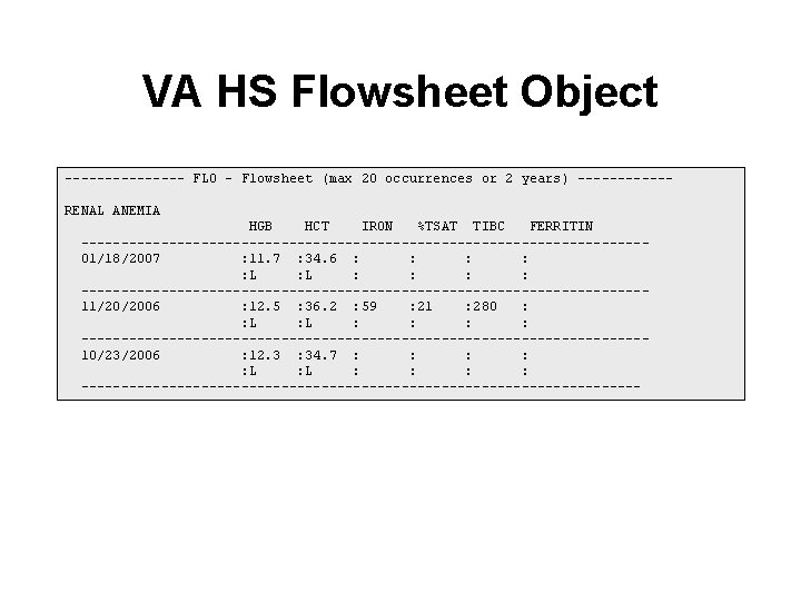 VA HS Flowsheet Object -------- FLO - Flowsheet (max 20 occurrences or 2 years)