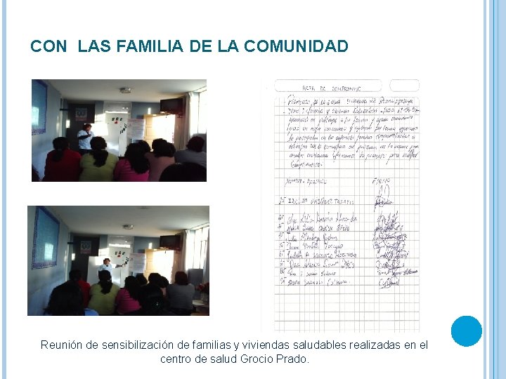 CON LAS FAMILIA DE LA COMUNIDAD Reunión de sensibilización de familias y viviendas saludables