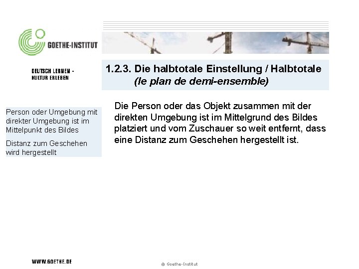 1. 2. 3. Die halbtotale Einstellung / Halbtotale (le plan de demi-ensemble) Person oder
