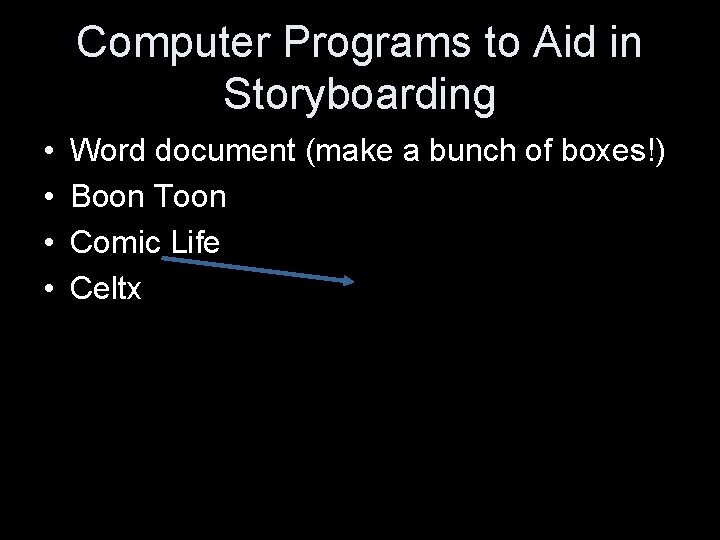 Computer Programs to Aid in Storyboarding • • Word document (make a bunch of