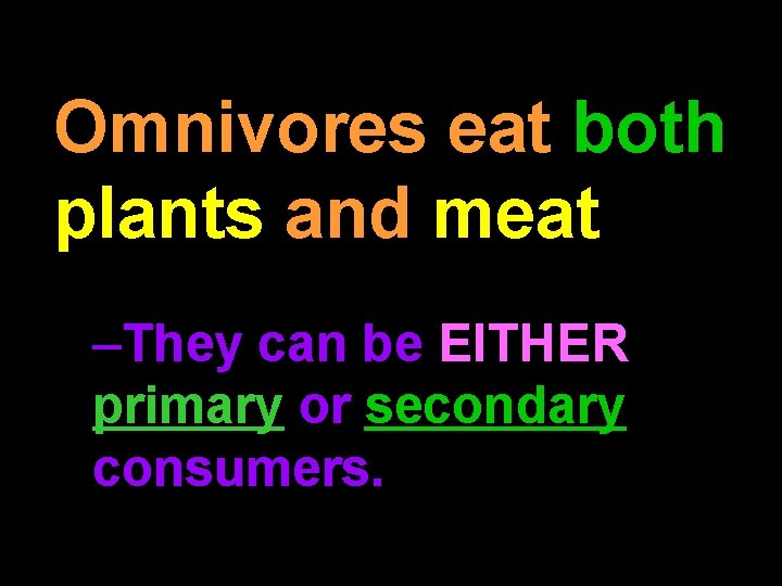 Omnivores eat both plants and meat –They can be EITHER primary or secondary consumers.