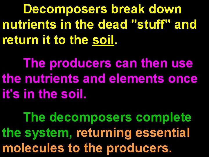 Decomposers break down nutrients in the dead "stuff" and return it to the soil.
