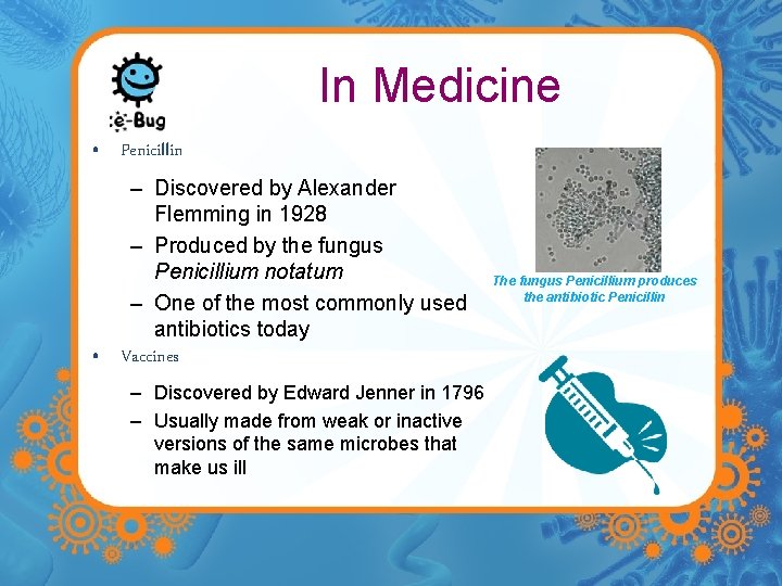 In Medicine • Penicillin – Discovered by Alexander Flemming in 1928 – Produced by
