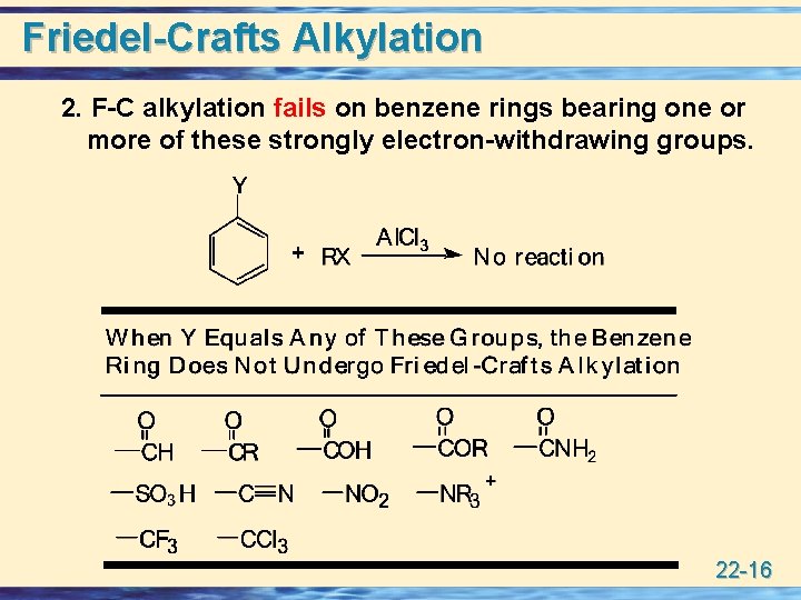 Friedel-Crafts Alkylation 2. F-C alkylation fails on benzene rings bearing one or more of