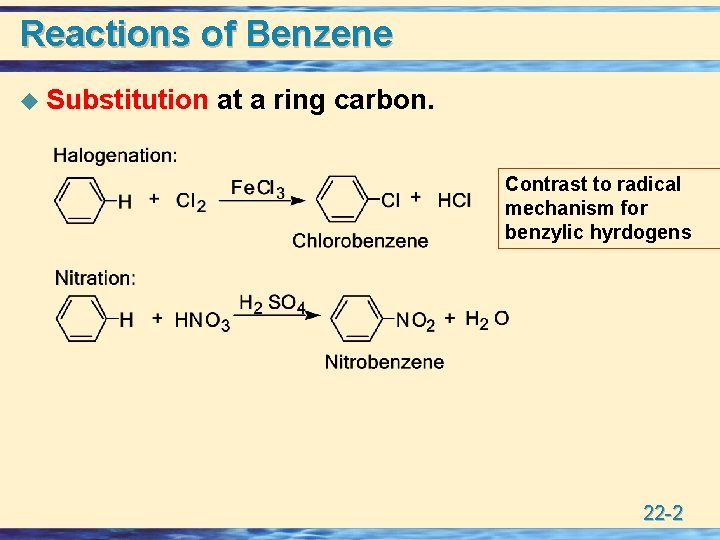 Reactions of Benzene u Substitution at a ring carbon. Contrast to radical mechanism for