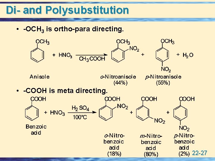 Di- and Polysubstitution • -OCH 3 is ortho-para directing. • -COOH is meta directing.