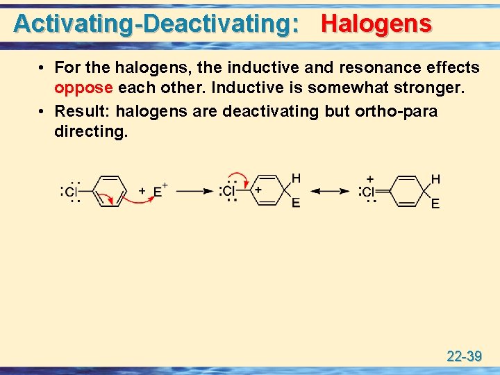 Activating-Deactivating: Halogens • For the halogens, the inductive and resonance effects oppose each other.