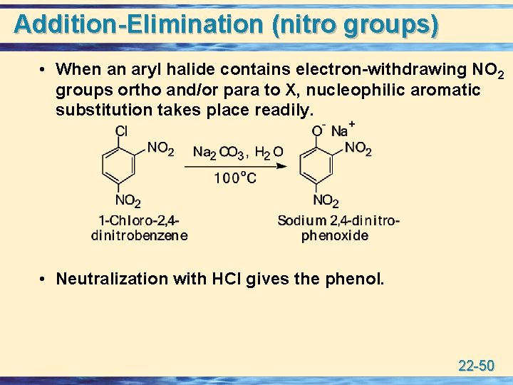 Addition-Elimination (nitro groups) • When an aryl halide contains electron-withdrawing NO 2 groups ortho