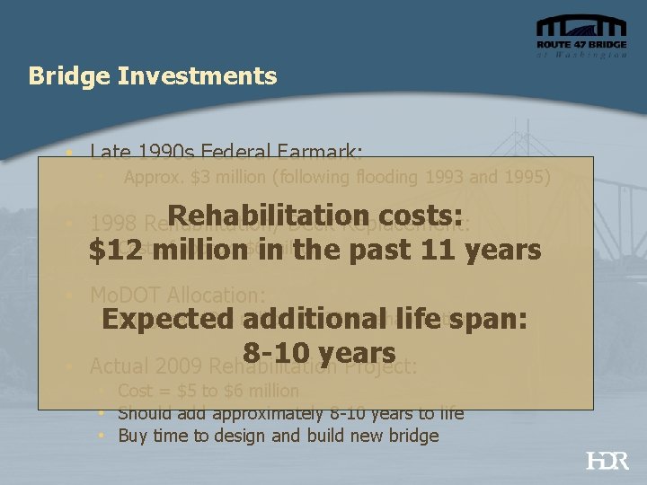 Bridge Investments • Late 1990 s Federal Earmark: • Approx. $3 million (following flooding