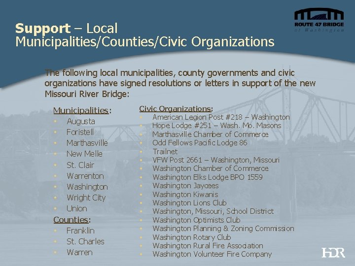 Support – Local Municipalities/Counties/Civic Organizations The following local municipalities, county governments and civic organizations