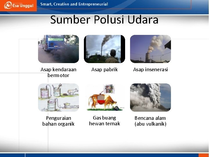 Sumber Polusi Udara Asap kendaraan bermotor Asap pabrik Asap insenerasi Penguraian bahan organik Gas