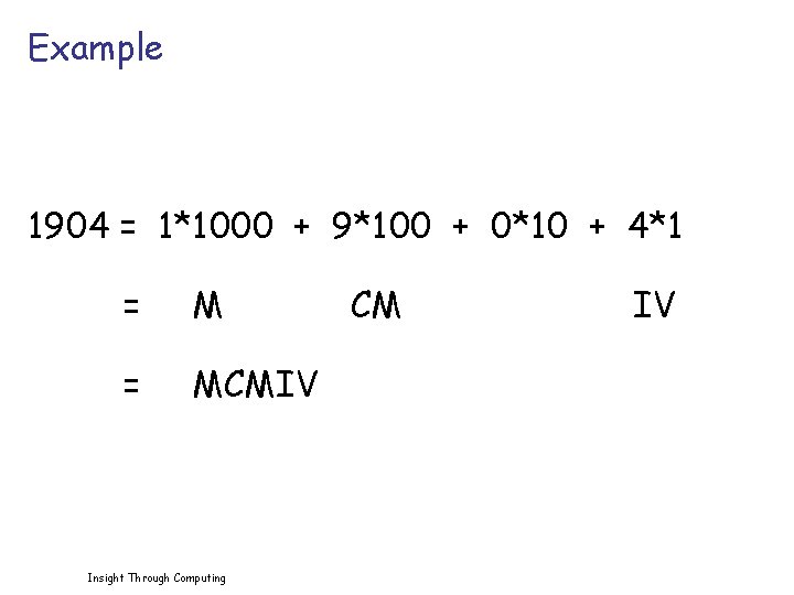 Example 1904 = 1*1000 + 9*100 + 0*10 + 4*1 = MCMIV Insight Through