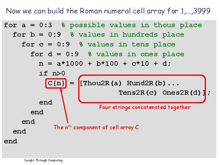Now we can build the Roman numeral cell array for 1, …, 3999 for