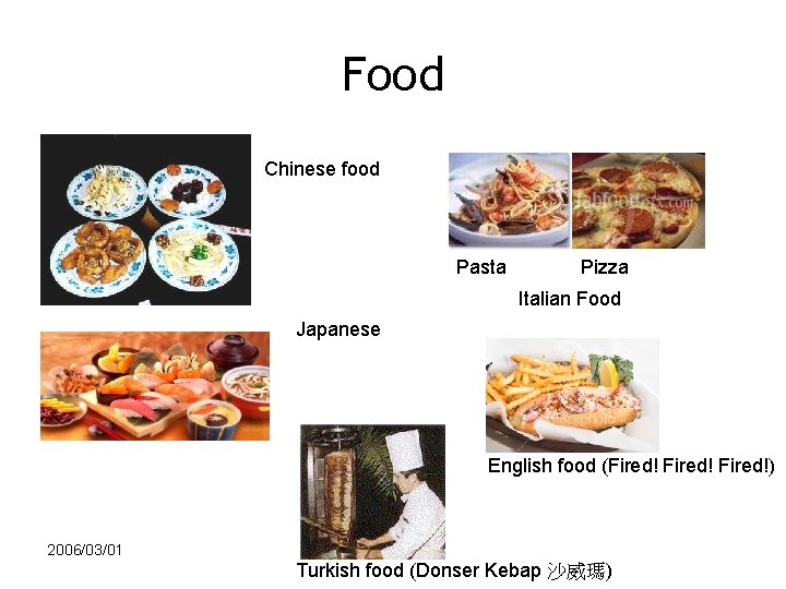 Food Chinese food Pasta Pizza Italian Food Japanese English food (Fired!) 2006/03/01 Turkish food