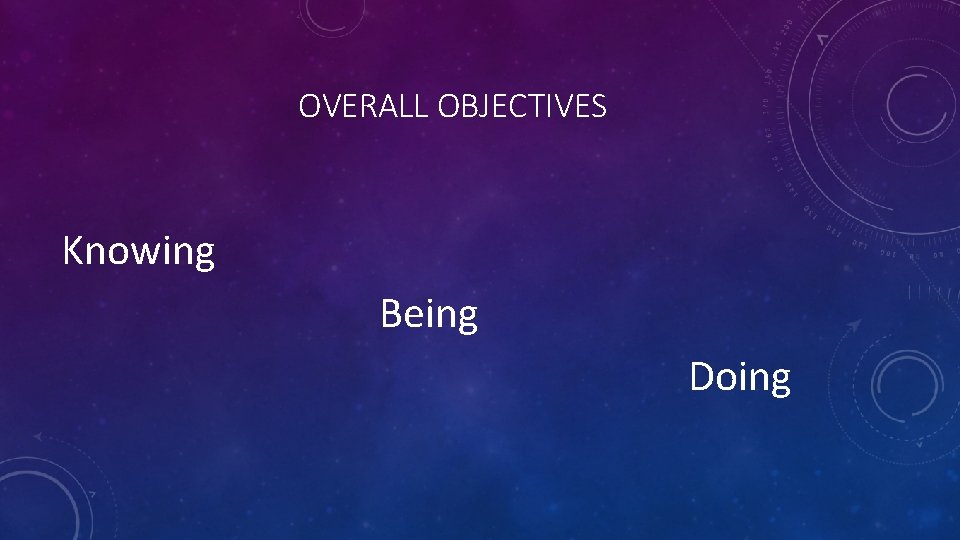 OVERALL OBJECTIVES Knowing Being Doing 