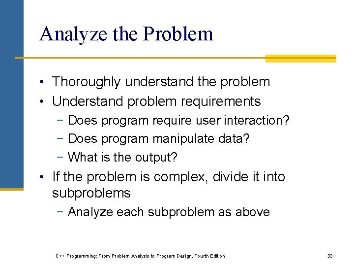Analyze the Problem • Thoroughly understand the problem • Understand problem requirements − Does
