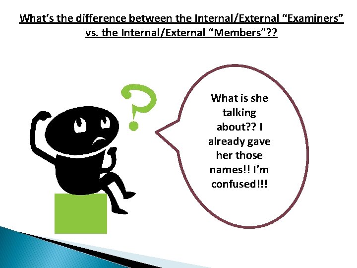 What’s the difference between the Internal/External “Examiners” vs. the Internal/External “Members”? ? What is
